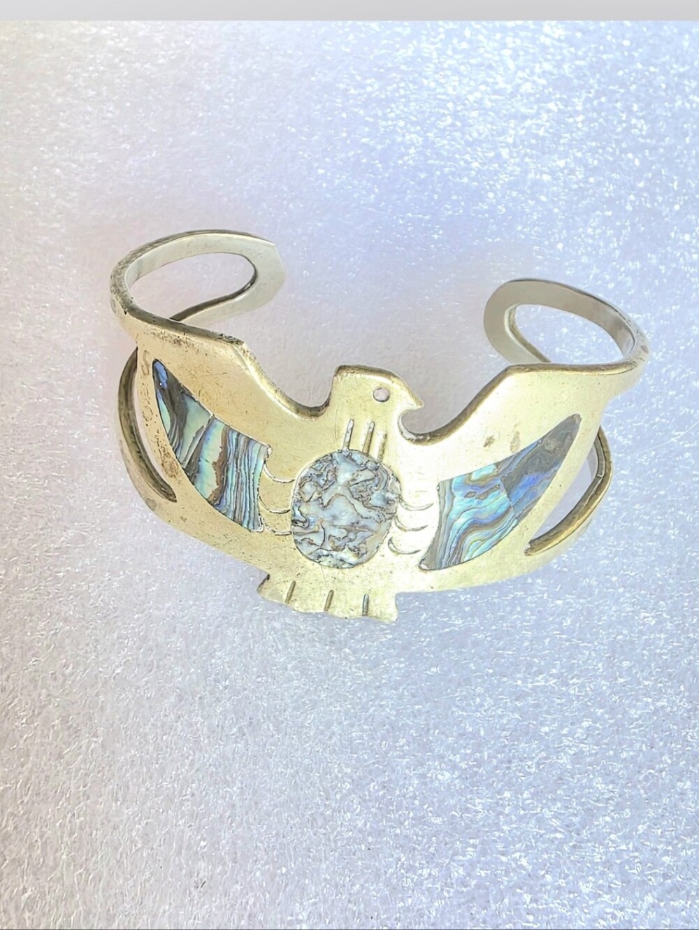 Vintage Mexican Brass Abalone Shell Inlay Thunderbird Cuff Bracelet - Mid Centur